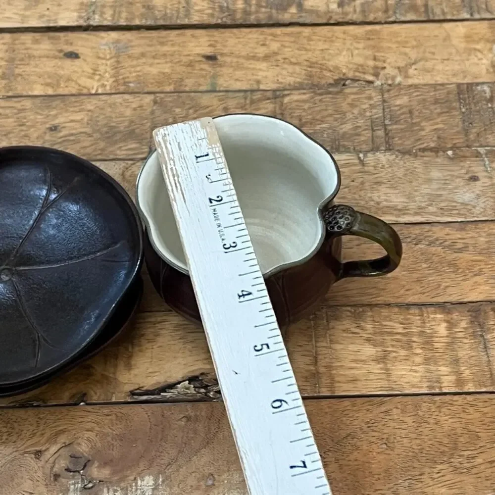 Japanese Pottery Ceramic Tea Cup & Plates 3 Piece Dark Brown Glaze Lotus Leaf